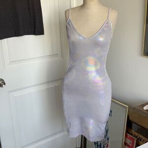 Holographic Mini Dress Tie Back, 80’s L.W. Sin-Sations body con sz s/m form fit